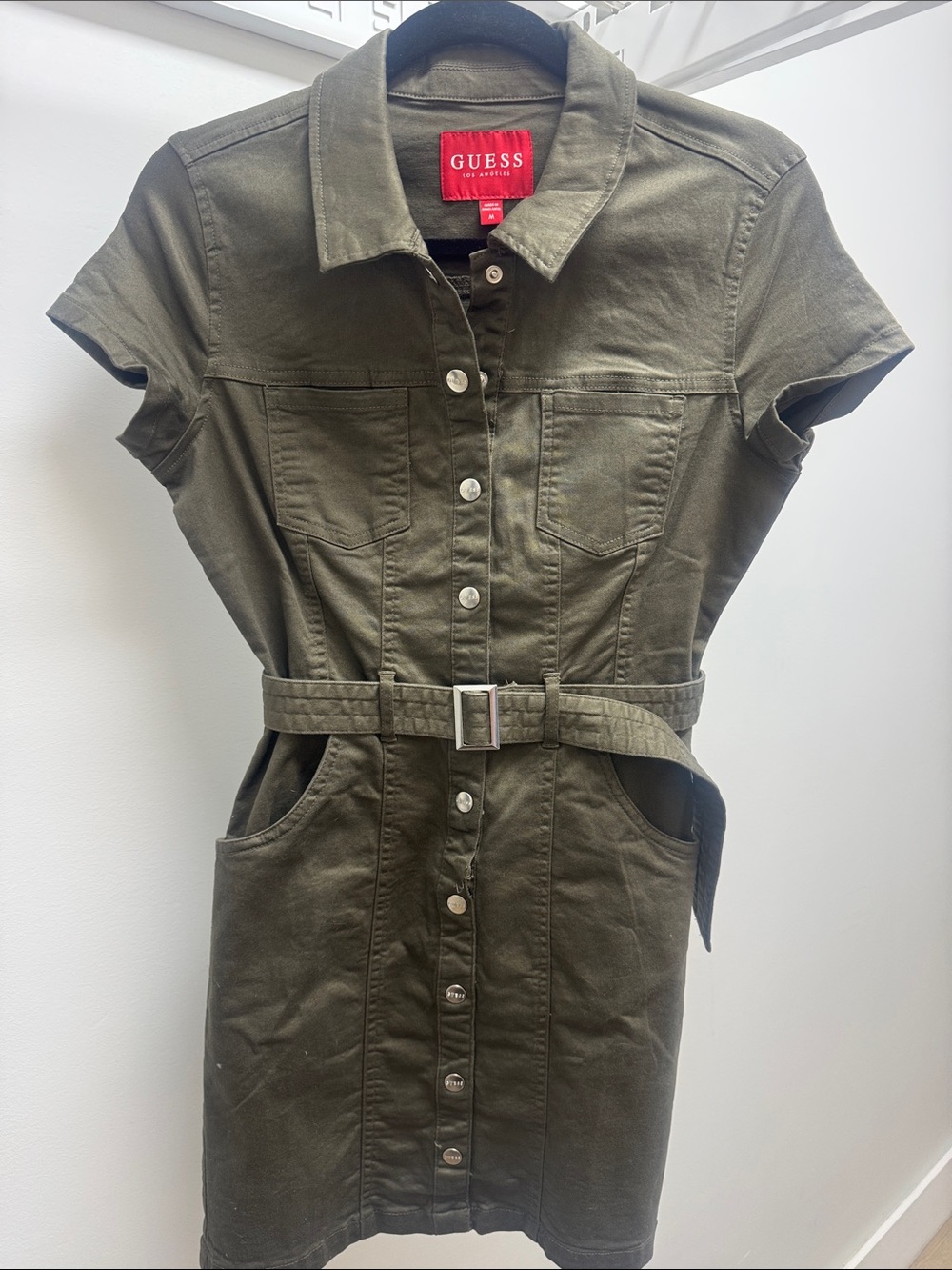 GUESS Olive Green Belted Button-Front Mini Dress